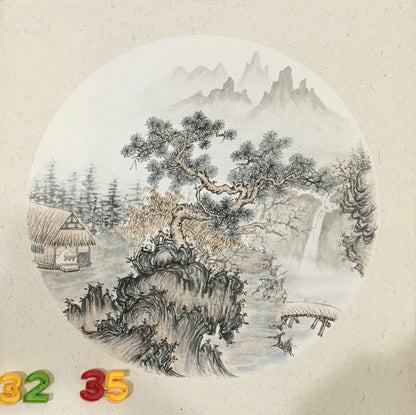 Chinese realistic painting-detailed painting.  Trees on the cliffs .   Painted on hard paper jam