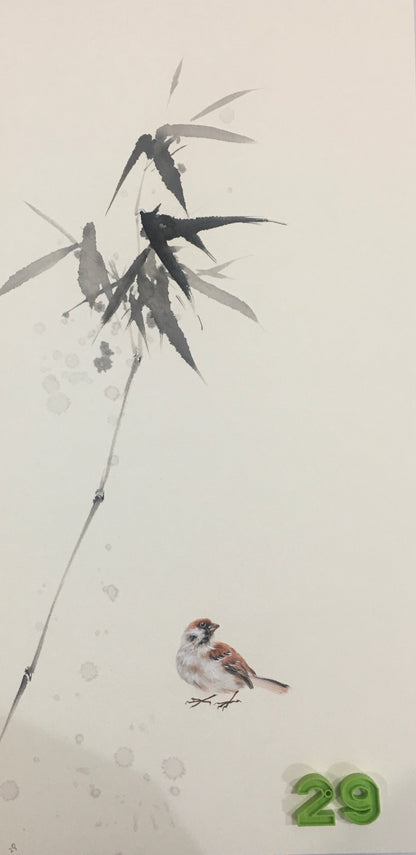 Chinese realistic painting-detailed drawing.   Painted on hard paper jam. Birds and bamboo  Living room decoration