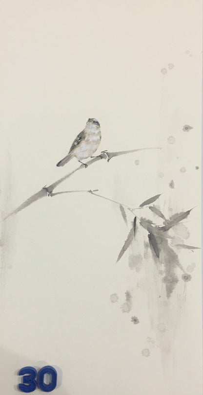 Chinese realistic painting-detailed drawing.   Painted on hard paper jam. Birds and bamboo  Living room decoration