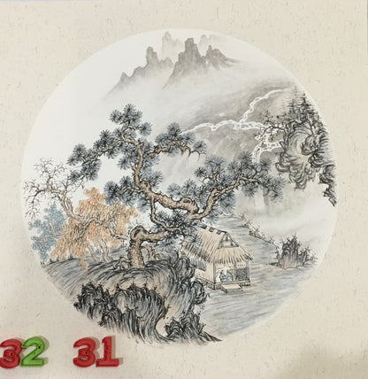 Chinese realistic painting-detailed painting.  Trees on the cliffs .   Painted on hard paper jam