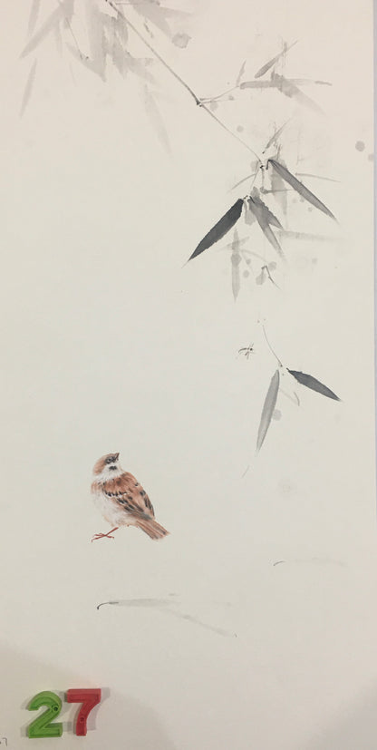 Chinese realistic painting-detailed drawing.   Painted on hard paper jam. Birds and bamboo  Living room decoration