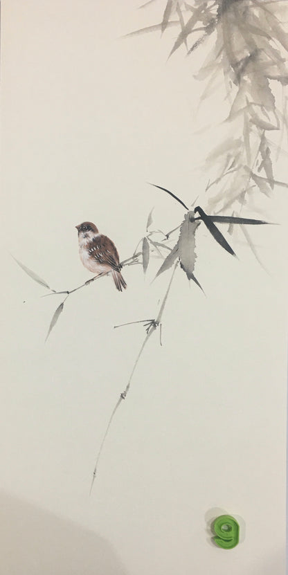 Chinese realistic painting-detailed drawing.   Painted on hard paper jam. Birds and bamboo  Living room decoration