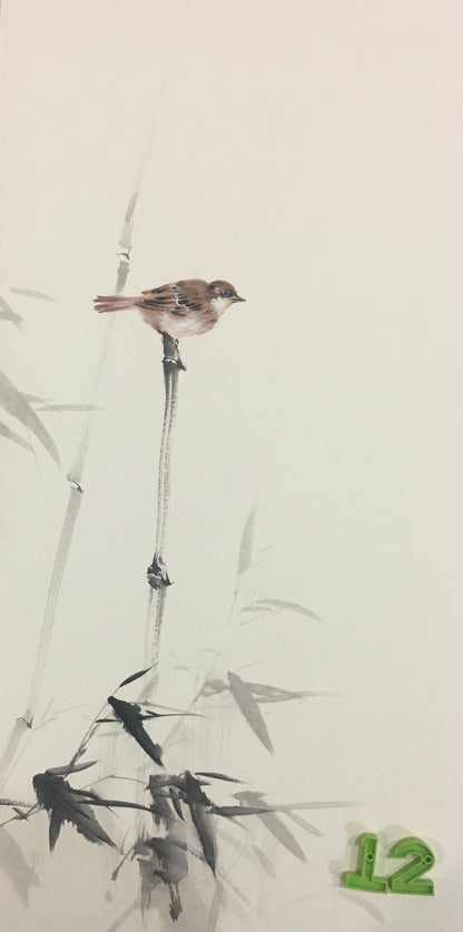 Chinese realistic painting-detailed drawing.   Painted on hard paper jam. Birds and bamboo  Living room decoration