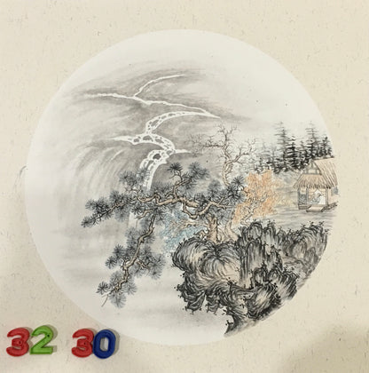 Chinese realistic painting-detailed painting.  Trees on the cliffs .   Painted on hard paper jam