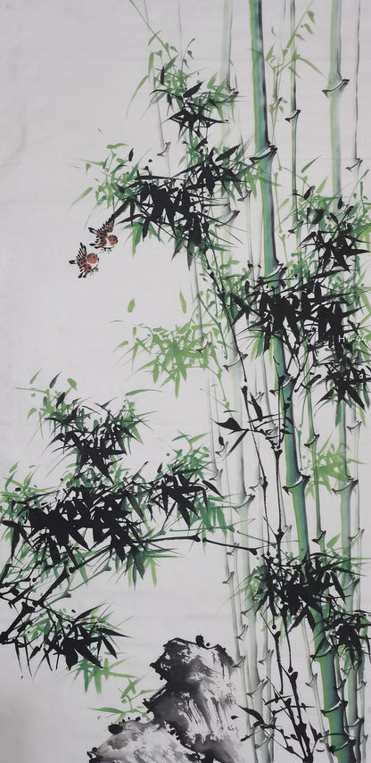 Chinese painting-bamboo and birds.  Study decoration, lobby decoration