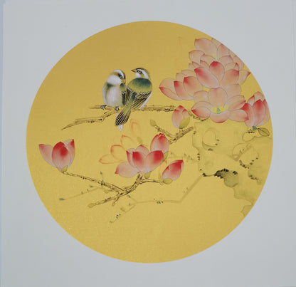 Chinese realistic painting-detailed painting.  Flowers and birds.   Painted on hard paper jam