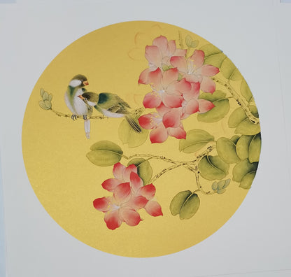 Chinese realistic painting-detailed painting.  Flowers and birds.   Painted on hard paper jam