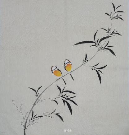 Chinese painting-Plant. Leaves and birds. Study decoration.