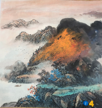Chinese painting-Chinese landscape.  Colorful Mountains and clouds.  Living room decoration