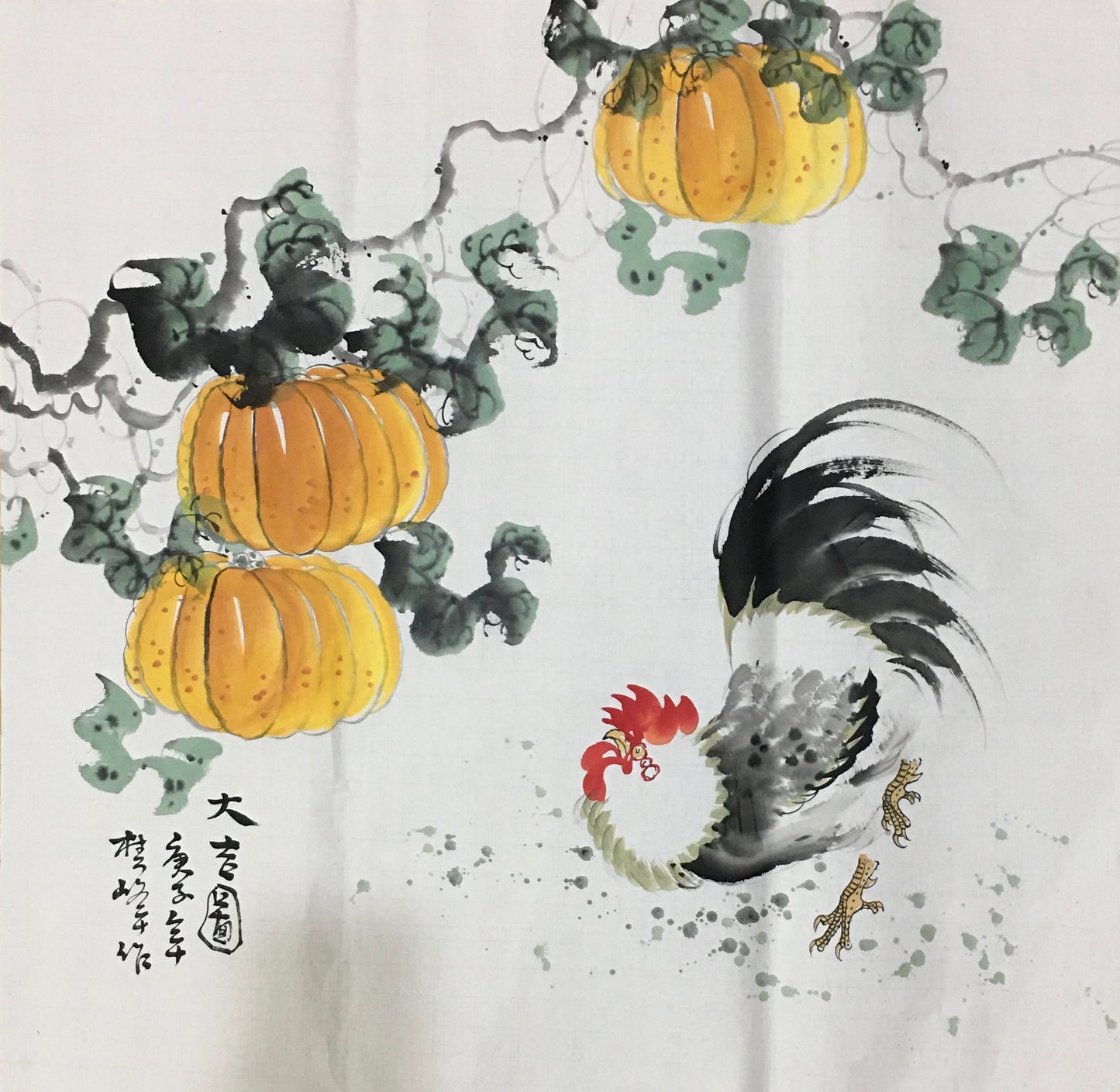 Chinese painting-Plants.  Gourd and persimmon. Happiness and rich.  Bedroom decoration